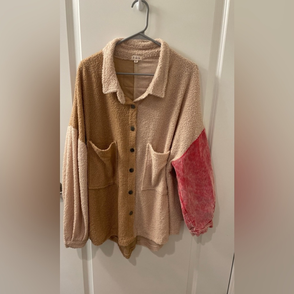 Tan and Pink Button-Up Fleece Jacket POL M